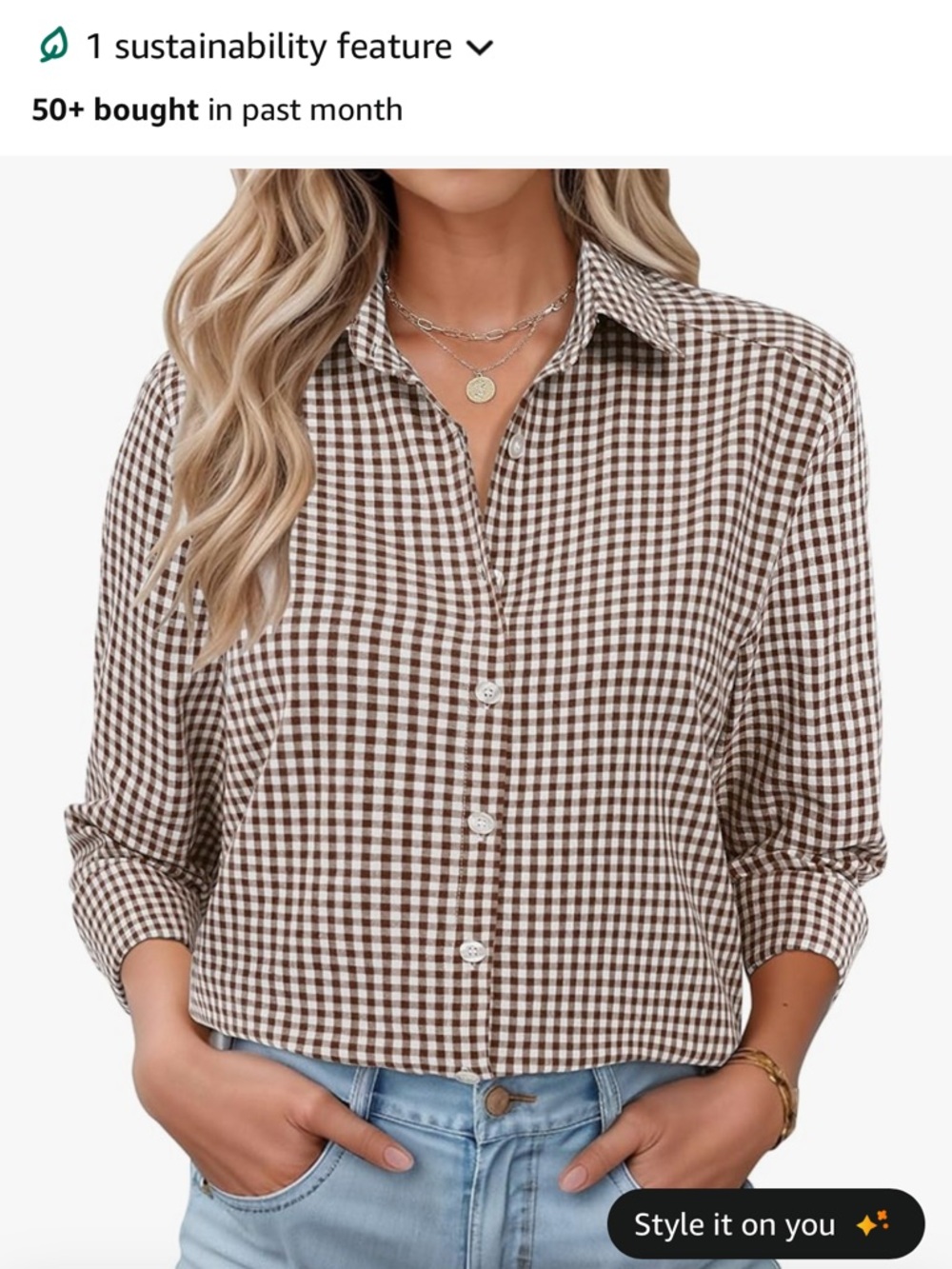 Brown Gingham Button-Front Blouse